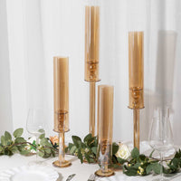 Set of 4 Gold Crystal Glass Hurricane Taper Candle Holders With Tall Cylinder Chimney Tubes - 14", 18", 22", 26"