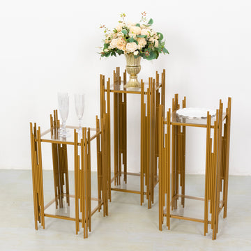 Set of 3 Gold Metal Plinths Flower Display Stands With Square Acrylic Plates, Wedding Cake Table Pedestal Stands - 26",30",34"