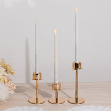 Set of 3 Gold Metal Taper Candlestick Holders, Hurricane Candle Stands with Round Base