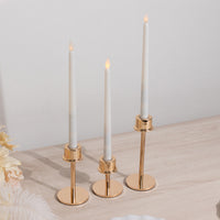 Set of 3 Gold Metal Taper Candlestick Holders, Hurricane Candle Stands with Round Base - 3.5",5.5",8"