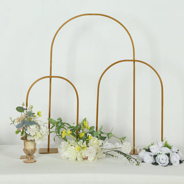 Set of 3 Gold Metal Wedding Cake Chiara Arch Table Centerpieces with Rounded Top, Flower Stand Frame with Detachable Base - 20",23",35"
