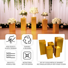 Set of 5 Gold Metallic Spandex Rectangular Display Box Stand Covers