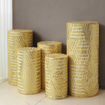 Set of 5 Gold Sequin Mesh Cylinder Display Box Stand Covers with Geometric Pattern Embroidery, Sparkly Sheer Tulle Pedestal Pillar Prop Covers