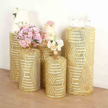 Versatile and Eye-Catching Gold Sequin Mesh Cylinder Display Box Stand Covers