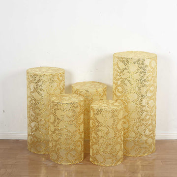 Set of 5 Gold Sequin Mesh Cylinder Display Box Stand Covers with Leaf Vine Embroidery, Sparkly Sheer Tulle Pedestal Pillar Prop Covers