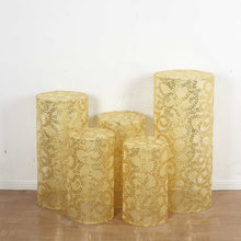 Set of 5 Gold Sequin Mesh Cylinder Display Box Stand Covers with Leaf Vine Embroidery
