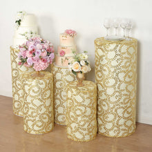 Set of 5 Gold Sequin Mesh Cylinder Display Box Stand Covers with Leaf Vine Embroidery