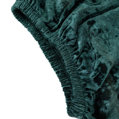 Green velvet fabric with gathered elastic detail.