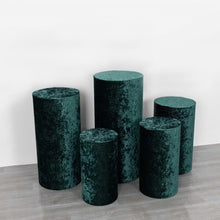 Set of 5 Hunter Emerald Green Crushed Velvet Cylinder Plinth Display Box Stand Covers, Premium