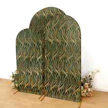 Set of 3 Hunter Emerald Green Wave Mesh Chiara Backdrop Stand Covers With Gold Embroidered Sequins