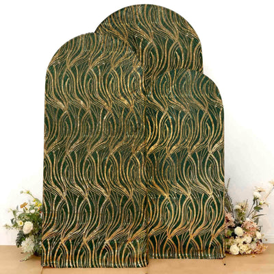 Green patterned decorative panels with gold accents, three-piece set.