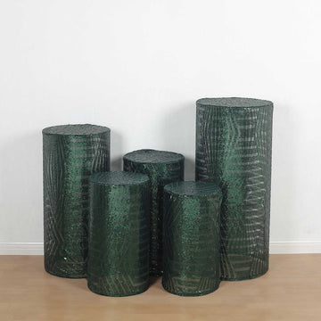Set of 5 Hunter Emerald Green Sequin Mesh Cylinder Display Box Stand Covers with Geometric Pattern Embroidery, Sparkly Sheer Tulle Pedestal Pillar Prop Covers