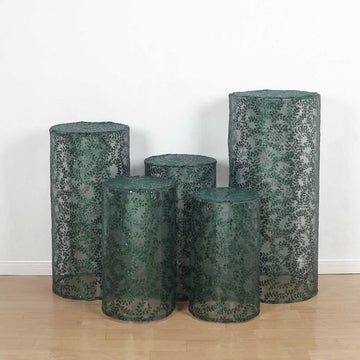 Elevate Your Event with Hunter Emerald Green Sequin Mesh Cylinder Display Box Stand Covers