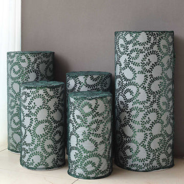 Set of 5 Hunter Emerald Green Sequin Mesh Cylinder Display Box Stand Covers with Leaf Vine Embroidery, Sparkly Sheer Tulle Pedestal Pillar Prop Covers