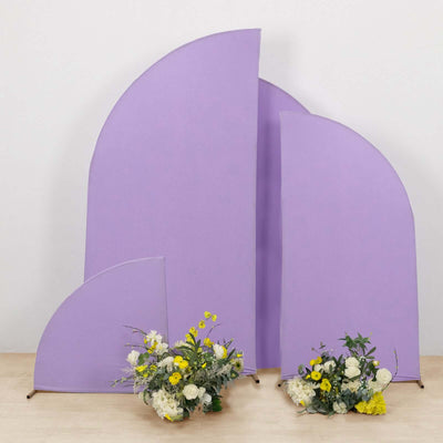 Purple backdrop panels with floral arrangements in front