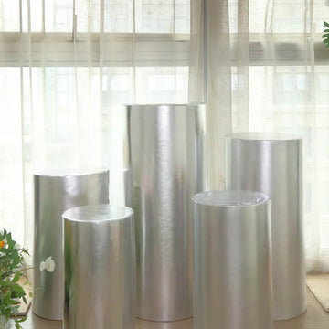 Set of 5 Metallic Silver Spandex Cylinder Display Box Stand Covers, Shiny Stretchable Pedestal Pillar Prop Covers 130 GSM