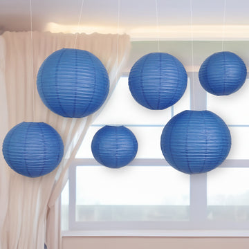 Set of 6 Navy Blue Hanging Paper Lanterns, Chinese Sky Lanterns, Assorted Sizes 16", 20", 24"