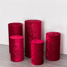 Set of 5 Red Crushed Velvet Cylinder Plinth Display Box Stand Covers, Premium Pedestal Pillar Prop
