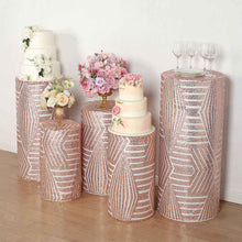 Set of 5 Rose Gold Sequin Mesh Cylinder Display Box Stand Covers with Geometric Pattern
