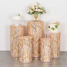 Set of 5 Rose Gold Wave Mesh Cylinder Display Box Stand Covers With Gold Embroidered Sequin Premium