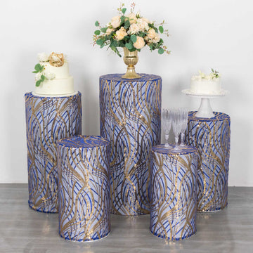 Experience Opulence and Style with Royal Blue Gold Wave Mesh Cylinder Display Box Stand Covers
