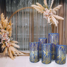Set of 5 Royal Blue Gold Wave Mesh Cylinder Display Box Stand Covers With Embroidered Sequin Premium