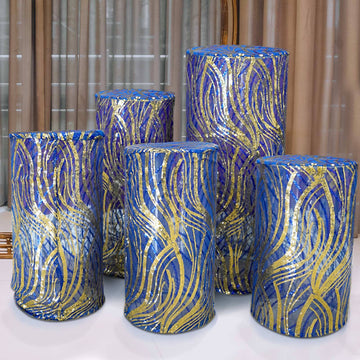 Set of 5 Royal Blue Gold Wave Mesh Cylinder Display Box Stand Covers With Embroidered Sequins, Premium Pedestal Pillar Prop Covers