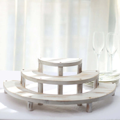 Three-tiered wooden display stand for showcasing items elegantly.