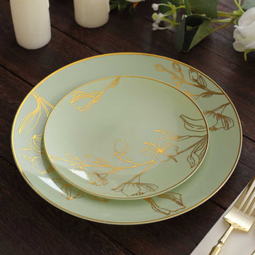 Set of 20 Sage Green Plastic Party Plates With Metallic Gold Floral Design, Disposable Round Dinner and Dessert Plates - 10" / 7"