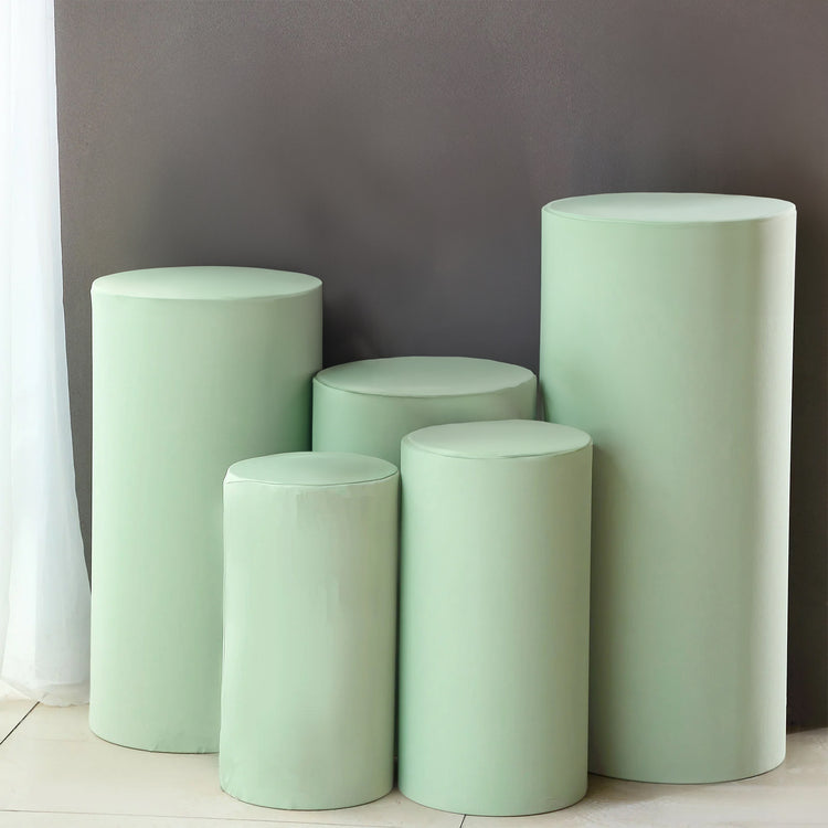 Set of 5 Sage Green Spandex Cylinder Plinth Display Box Stand Covers