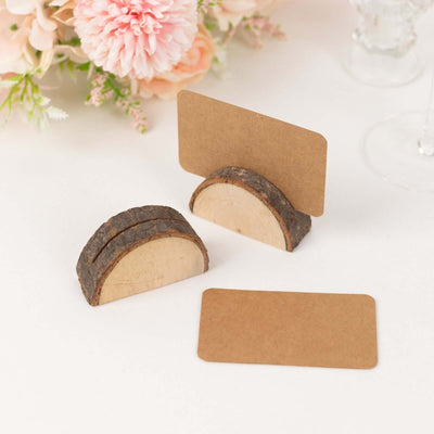 Wooden tabletop card holders with kraft paper cards