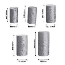 Set of 5 Silver Crushed Velvet Cylinder Plinth Display Box Stand Covers, Premium Pedestal Pillar