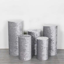 Set of 5 Silver Crushed Velvet Cylinder Plinth Display Box Stand Covers, Premium Pedestal Pillar