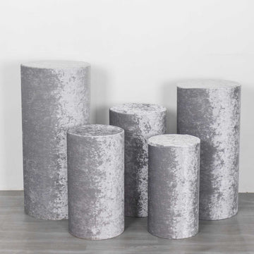 Elevate Your Event Decor with Silver Crushed Velvet Cylinder Plinth Stand Covers