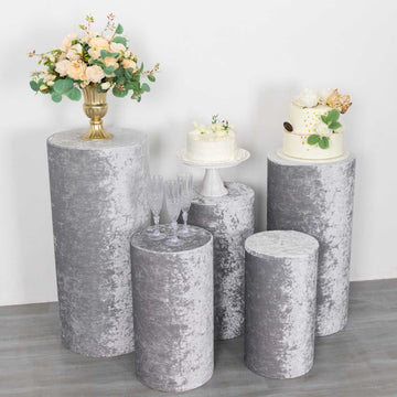 Create a Luxurious Atmosphere with Silver Crushed Velvet Pedestal Pillar Prop Covers