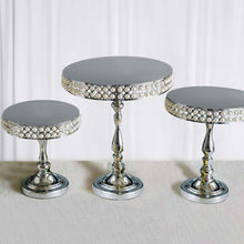Set Of 3 Silver Metal And Pearl Beaded Pedestal Cake Stands In 11 Inch 13 Inch And 17 Inch