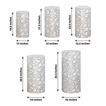 Set of 5 Silver Sequin Mesh Cylinder Display Box Stand Covers with Leaf Vine Embroidery