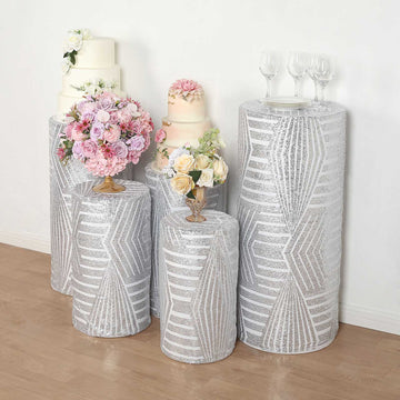 Create a Captivating Atmosphere with Silver Sparkly Sheer Tulle Pedestal Pillar Prop Covers