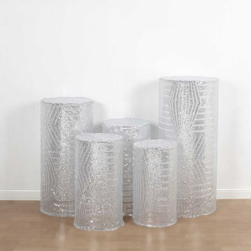 Set of 5 Silver Sequin Mesh Cylinder Display Box Stand Covers with Geometric Pattern Embroidery, Sparkly Sheer Tulle Pedestal Pillar Prop Covers