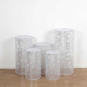 Elevate Your Event Decor with Silver Sequin Mesh Cylinder Display Box Stand Covers