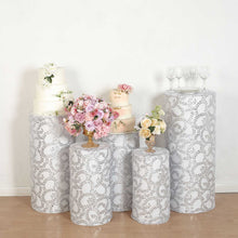 Set of 5 Silver Sequin Mesh Cylinder Display Box Stand Covers with Leaf Vine Embroidery