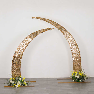 Set of 2 Gold Big Payette Sequin Wedding Arch Cover for Half Crescent Moon Backdrop Stand, Sparkly Double Sided - 6.5ft, 8ft