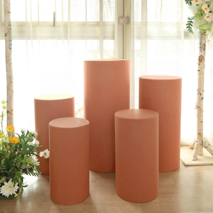 Set of 5 Terracotta (Rust) Spandex Cylinder Plinth Display Box Stand Covers