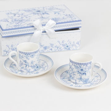 White Blue Chinoiserie Bridal Shower Gift Set, Set of 2 Porcelain Espresso Cups and Saucers with Matching Gift Box