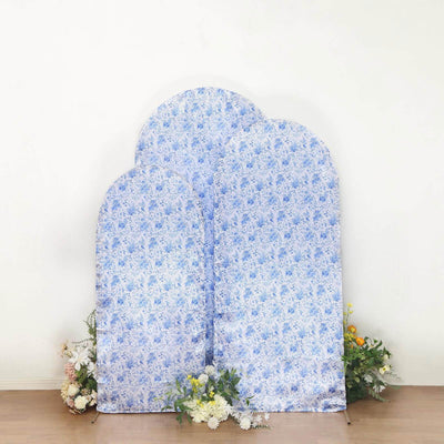 Three decorative fabric panels with blue floral patterns on a plain background.