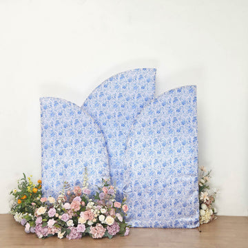 Set of 3 White Blue Satin Chiara Backdrop Stand Covers With Chinoiserie Floral Print, Fitted Covers For Half Moon Wedding Arches 5ft, 6ft, 7ft