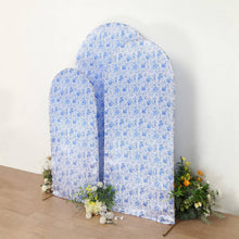 Set of 3 White Blue Satin Chiara Backdrop Stand Covers With Chinoiserie Floral Print, Fitted Covers
