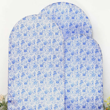 Set of 3 White Blue Satin Chiara Backdrop Stand Covers With Chinoiserie Floral Print, Fitted Covers For Round Top Wedding Arches - 5ft,6ft,7ft