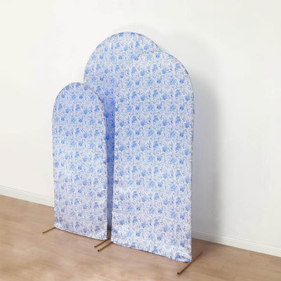 Decorative blue floral privacy screens in three sizes on a plain background