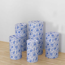 Set of 5 White Blue Spandex Cylinder Plinth Display Box Stand Covers With Chinoiserie Floral Print